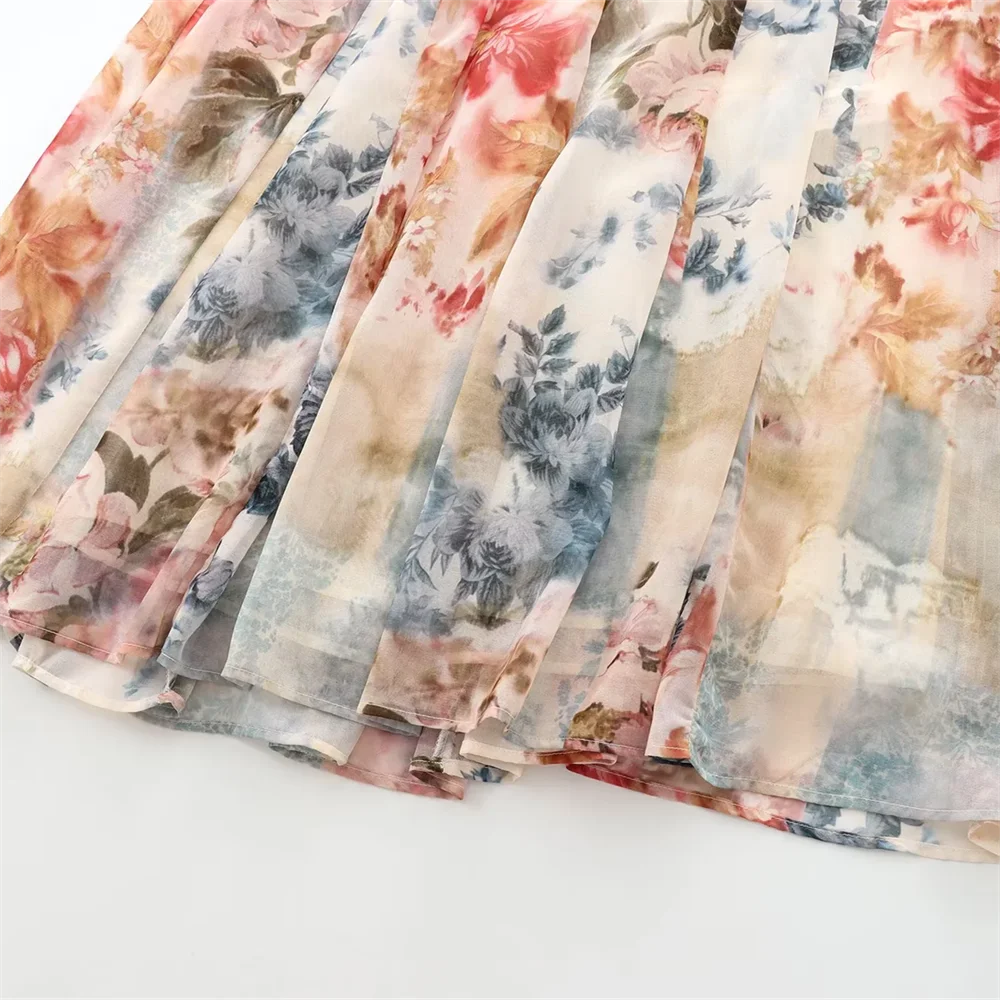 BM&MD&ZA2025Flower Print V-Neck Long Sleeve Loose Casual Dress with Belt Long Skirt Summer New Arrivals Women's Clothing Aviola