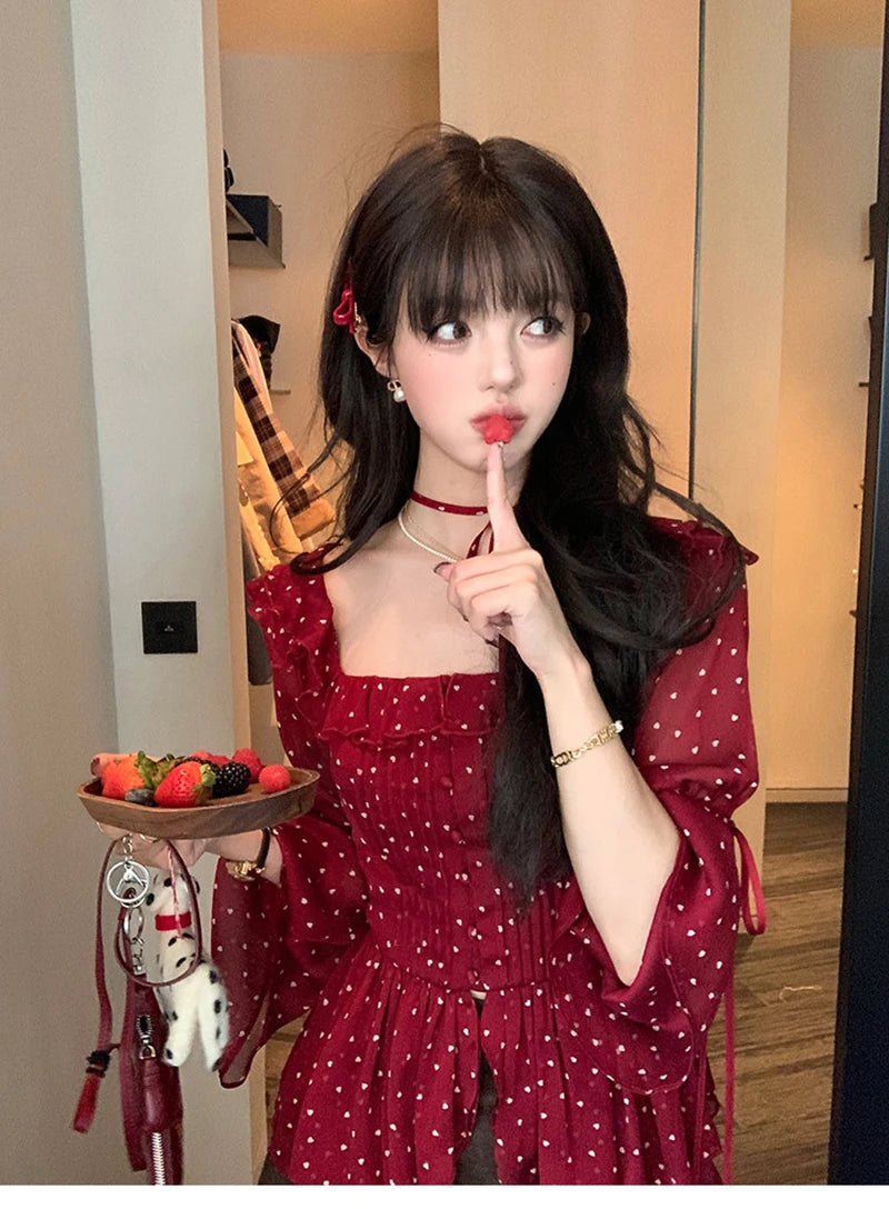 MEXZT Vintage Polka Dots Shirts Women Elegant Red Ruffles Lace Up Blouses Summer Korean Square Collar Long Sleeve Design Tops Aviola