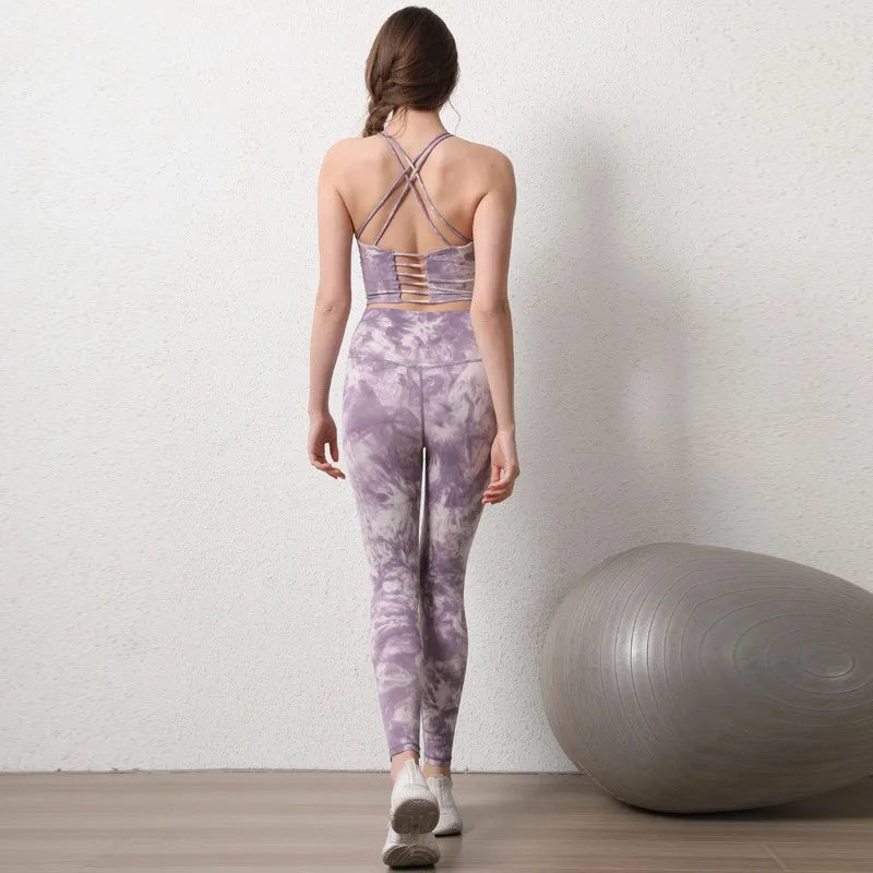 2PCS Seamless Women Yoga Set Workout Sportswear Fitness Crop Top Tie Dye High Waist Leggings Gym Clothing Two Piece Sports Suits Aviola