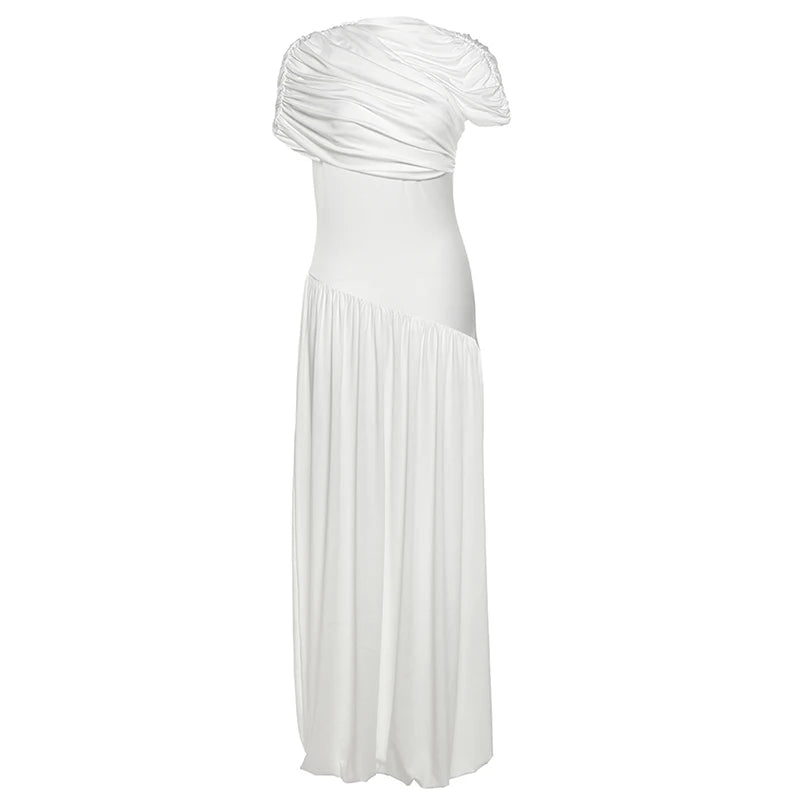 Nibber Solid Ruched Elegant Dress Women Summer Trend o-Neck Short Sleeve Ruffles Hem Vacation Beach Party Style Long Bodycon Aviola