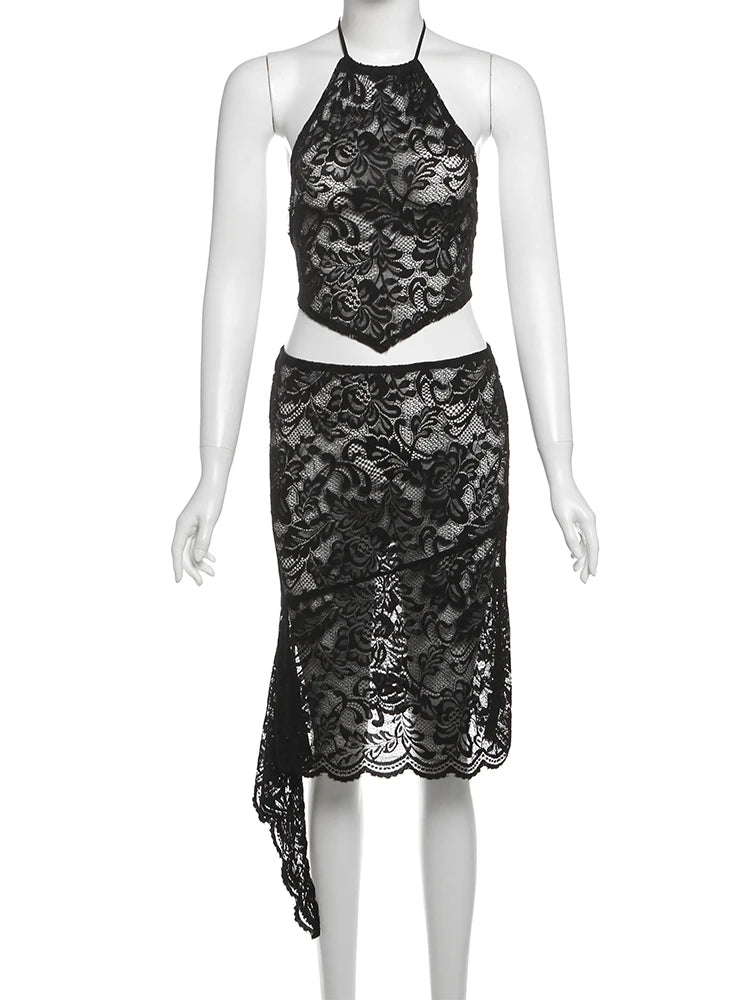 Nibber Sexy Jacquard Women 2 Piece Set Y2K Coquette Halter Backless Tank Tops+Irregular Skirts Matching Summer Midnight Clubwear Aviola