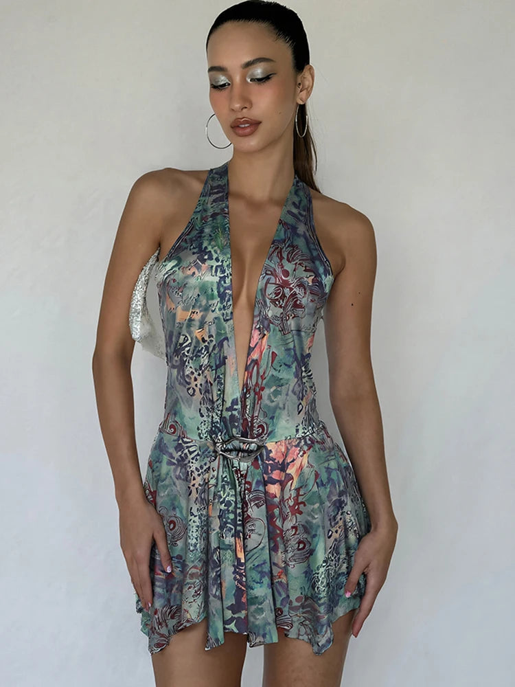 Nibber Vacation Fashion Print Mini Dress Women Halter Deep V-Neck Sexy Backless Ruched Ruffles Hem Trend Beach Party Outfits Aviola