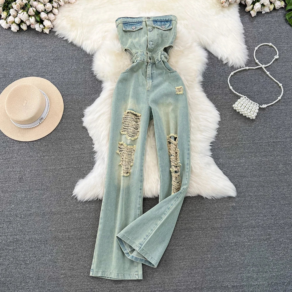 Denim Jumpsuits Women Hole One Piece Wide Leg Pants Sleeveless Strapless Distressed Mom Pockets Jeans Streetwear Summer 2025 Aviola