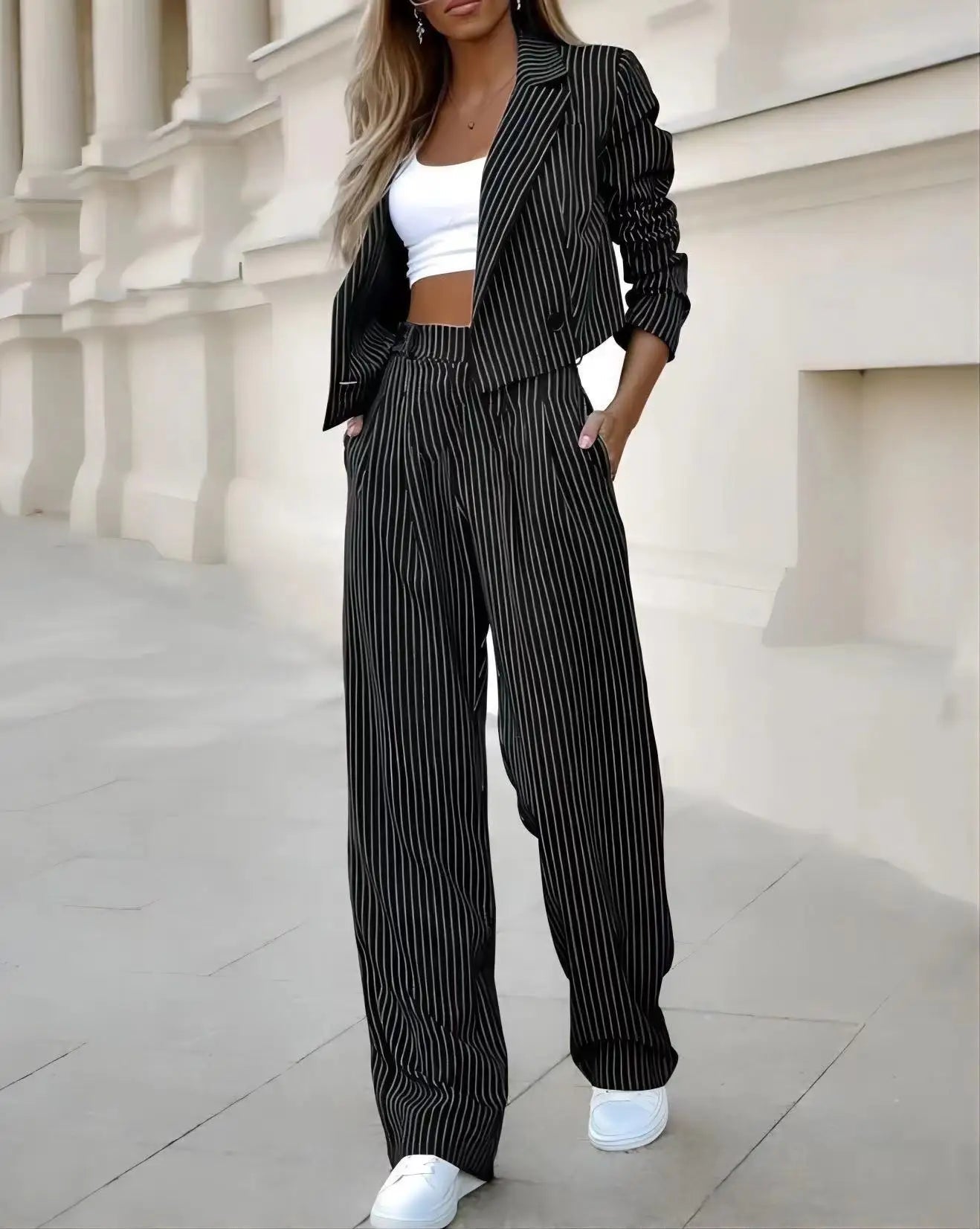 Women Tracksuit Two Pieces Set Long Sleeve Turn Down Collar Cardigan Wide Leg Pants Loose Fit Pockets Striped Office Lady Aviola