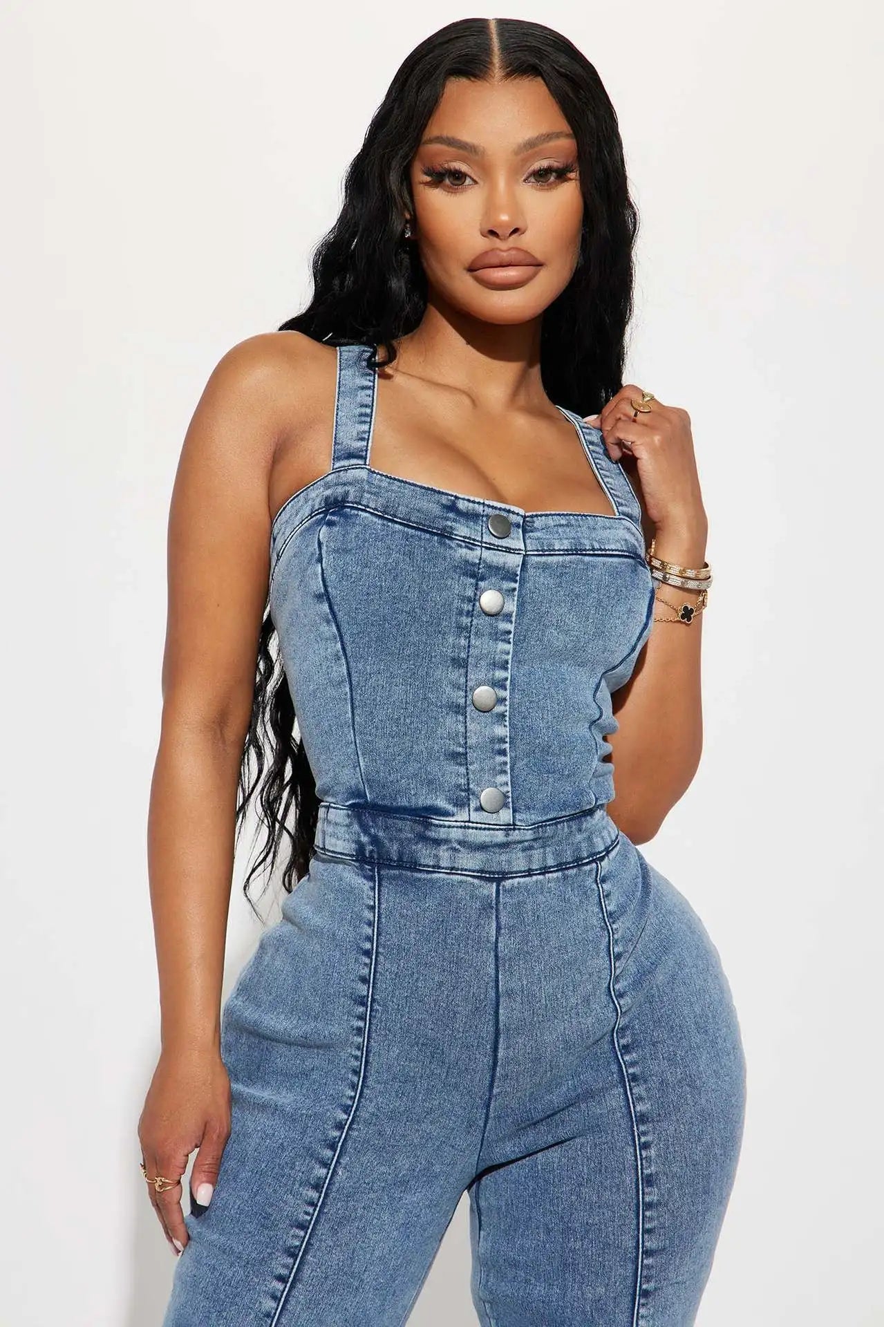 Women Jeans Rompers Sexy Overalls Jumpsuits Square Collar One Piece Solid Flare Pants Ankle Length Baics Spliced Button Aviola
