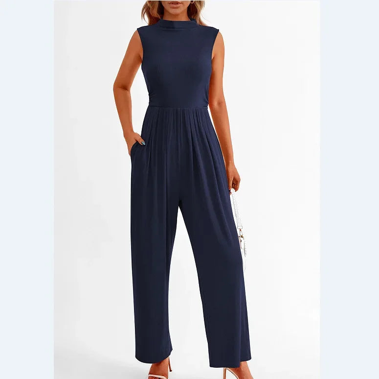 Women Jumpsuits One Piece O Neck Sleeveless Rompers Overalls Solid Wide Leg Pants Pockets High Waist Ankle Length Basics 2025 Aviola