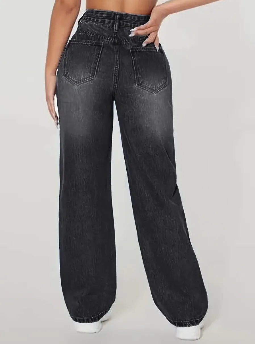 Mom Jeans Women Denim Pant Wide Leg Long Pants Hole High Waist Straight Trousers Y2k Streetwear Work Splice Casual 2025 Punk Aviola