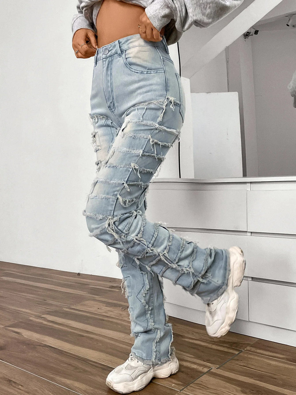 Women Jeans Denim Straight Pants Spliced Patchwork High Street Slim Fit Pockets Mid Waist Washing Zipper Slight Srech 2024 Aviola