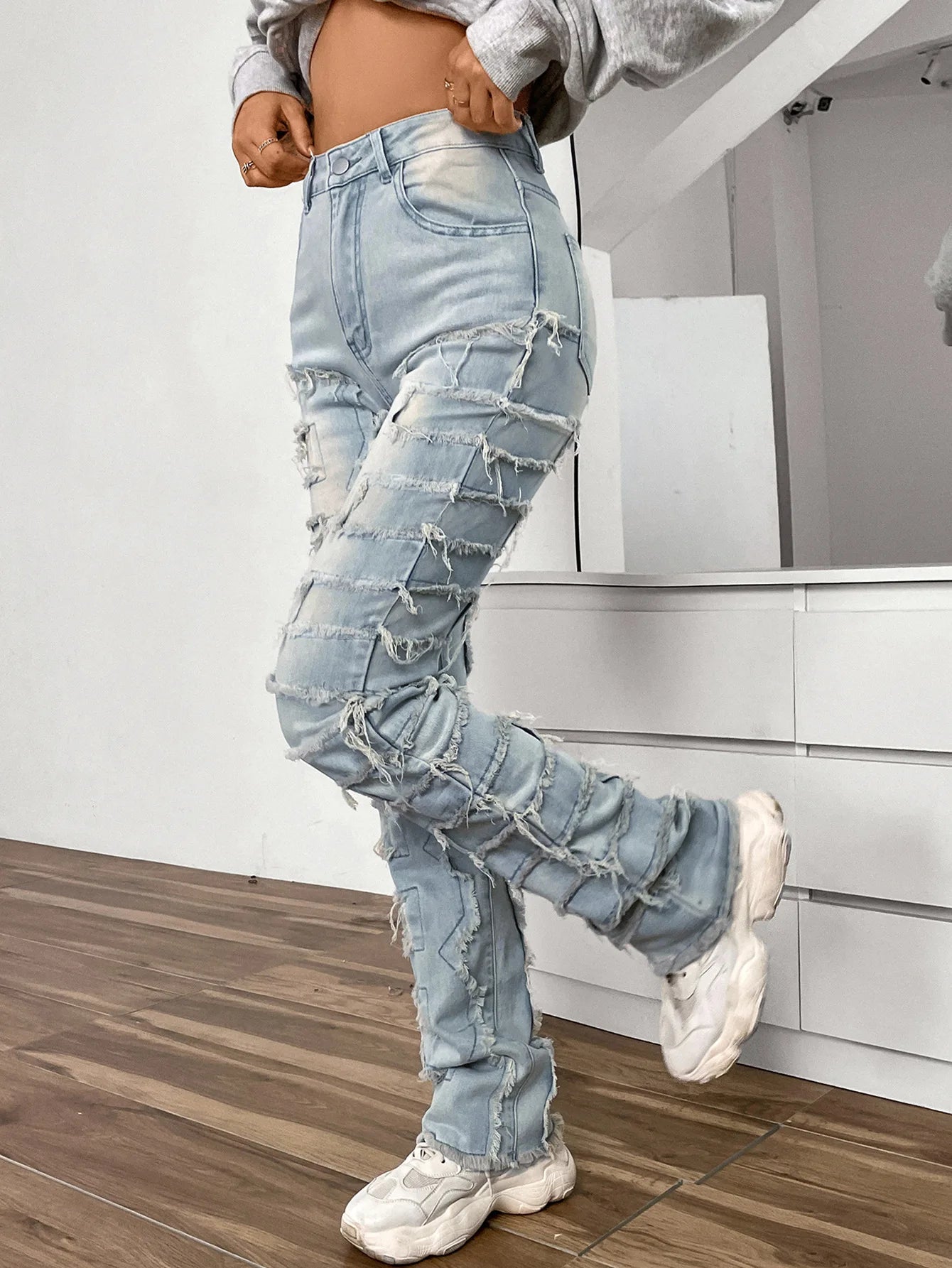 Women Jeans Denim Straight Pants Spliced Patchwork High Street Slim Fit Pockets Mid Waist Washing Zipper Slight Srech 2024 Aviola
