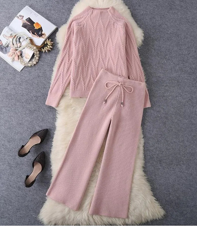Women Tracksuit Thick Sweater Autumn Winter Knitted Two Piece Set Top+Knitted wide leg Pant Warm Sweater Elastic Trousers Suits Aviola