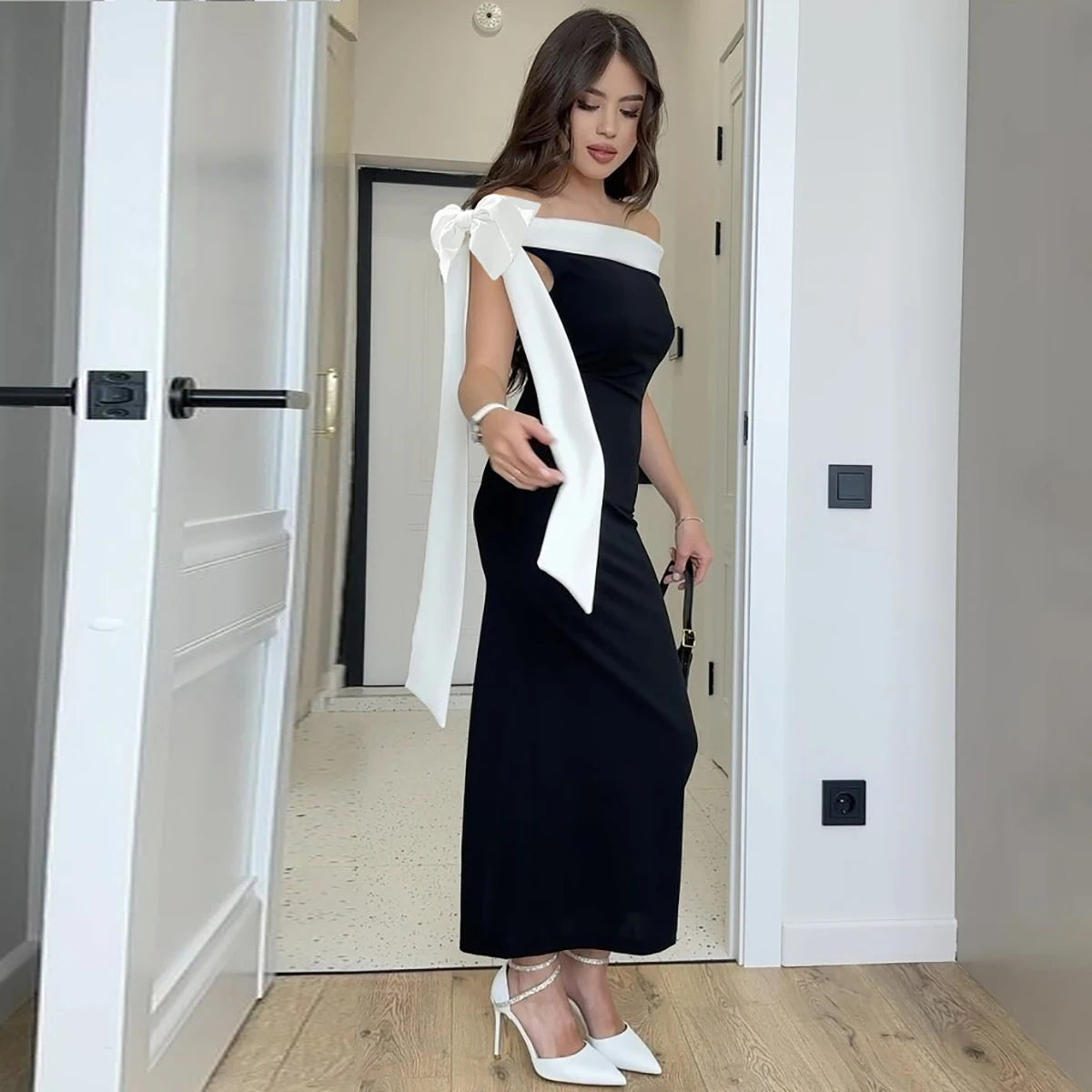Nibber Black White Patchwork Woman Dress Elegant Bow One Shoulder Sleeveless Frenulum Temperament Skinny Noble Gown Vestidos Aviola