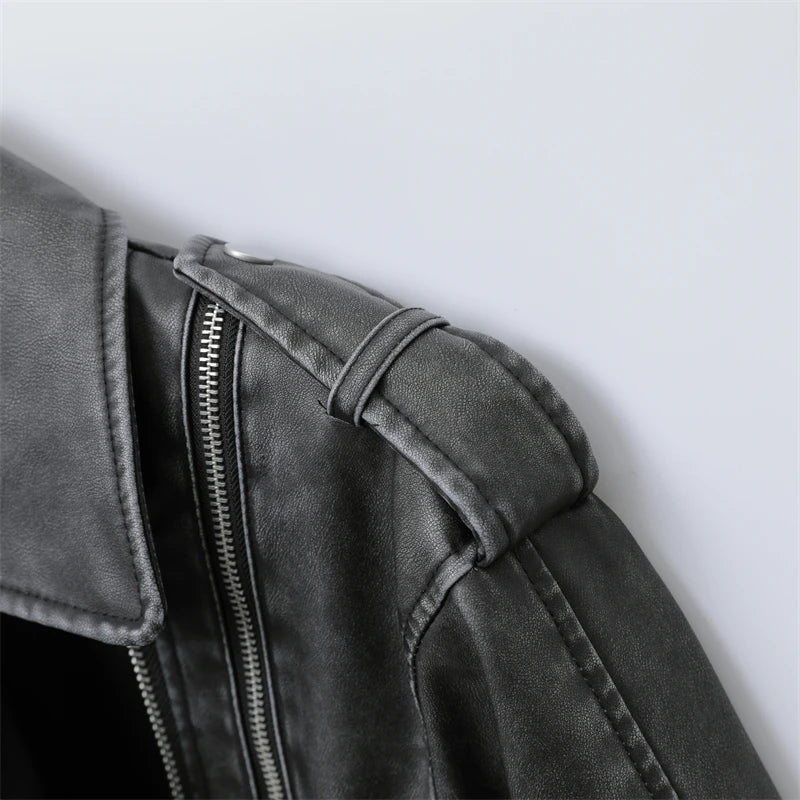 RARF 2024 Women's new short make old effect imitation leather motorcycle jacket jacket women's washed gray leather coat Aviola