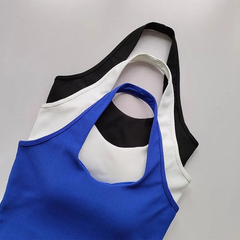 2023 Summer Sexy Sports Bra Rib Sport Top Underwear Women's Running Gathered Bra Hanging Neck Fitness Vest Fixed Padded Yoga Bra Aviola