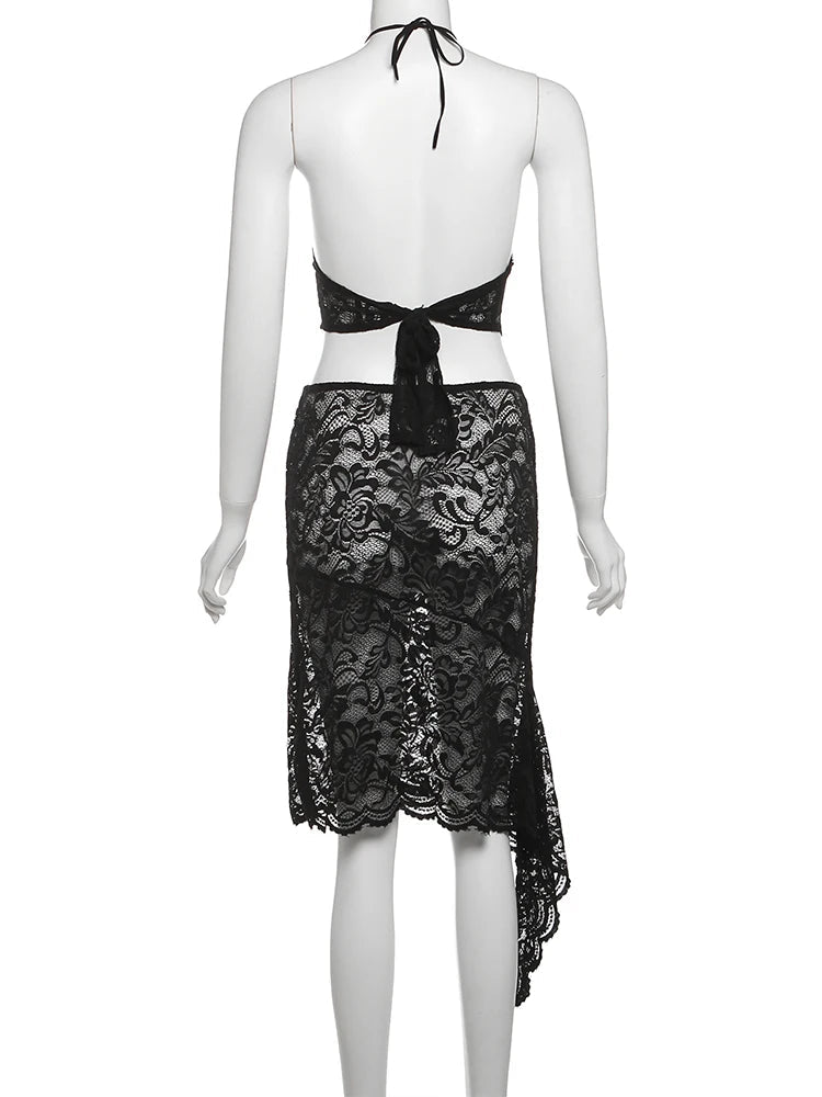 Nibber Sexy Jacquard Women 2 Piece Set Y2K Coquette Halter Backless Tank Tops+Irregular Skirts Matching Summer Midnight Clubwear Aviola