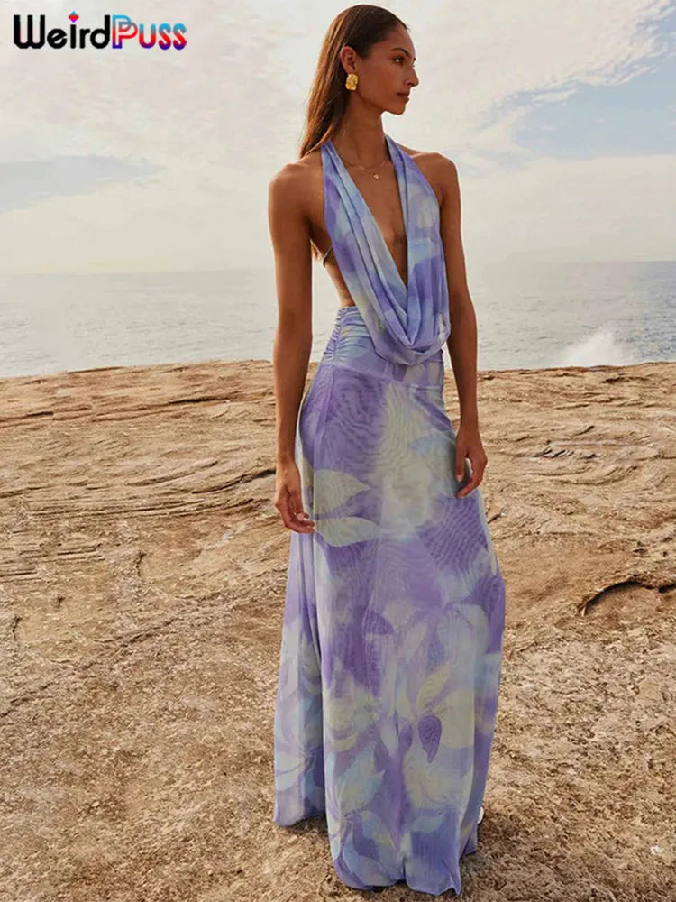 nibber Backless Halter 2Peice Set Woman Print Summer Swinging-Collar Bandage Tank Tops+Mesh Ruffles Tie-Dye Skirt Matching Suit Aviola