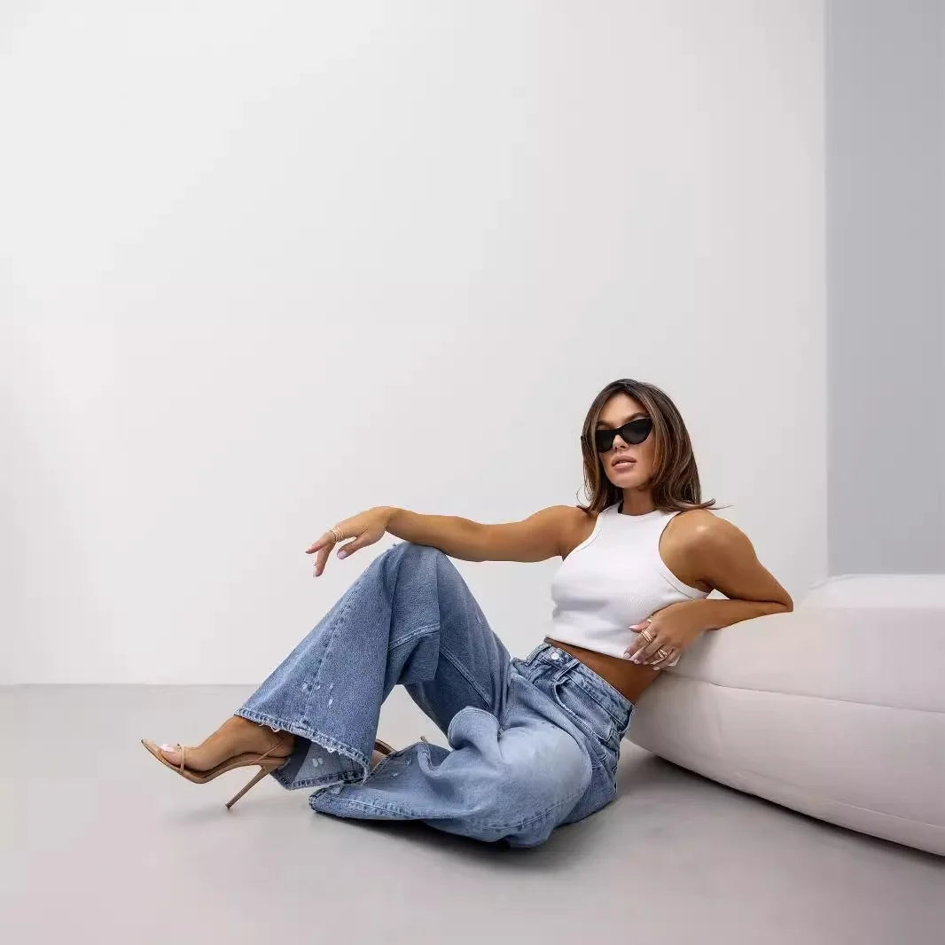 Women Denim Holes Jeans Washing Pencil Pants High Waist Zipper Mom Fly Slim Wide Leg Pockets Full Length Spring 2025 Streetwear Aviola