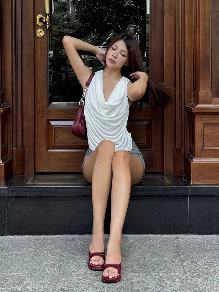 Nibber Skinny Backless Sexy Tank Tops Swing Collar Summer Cross Sleeveless Pleated Solid Elegant Party Streetwear Daily Vest Aviola