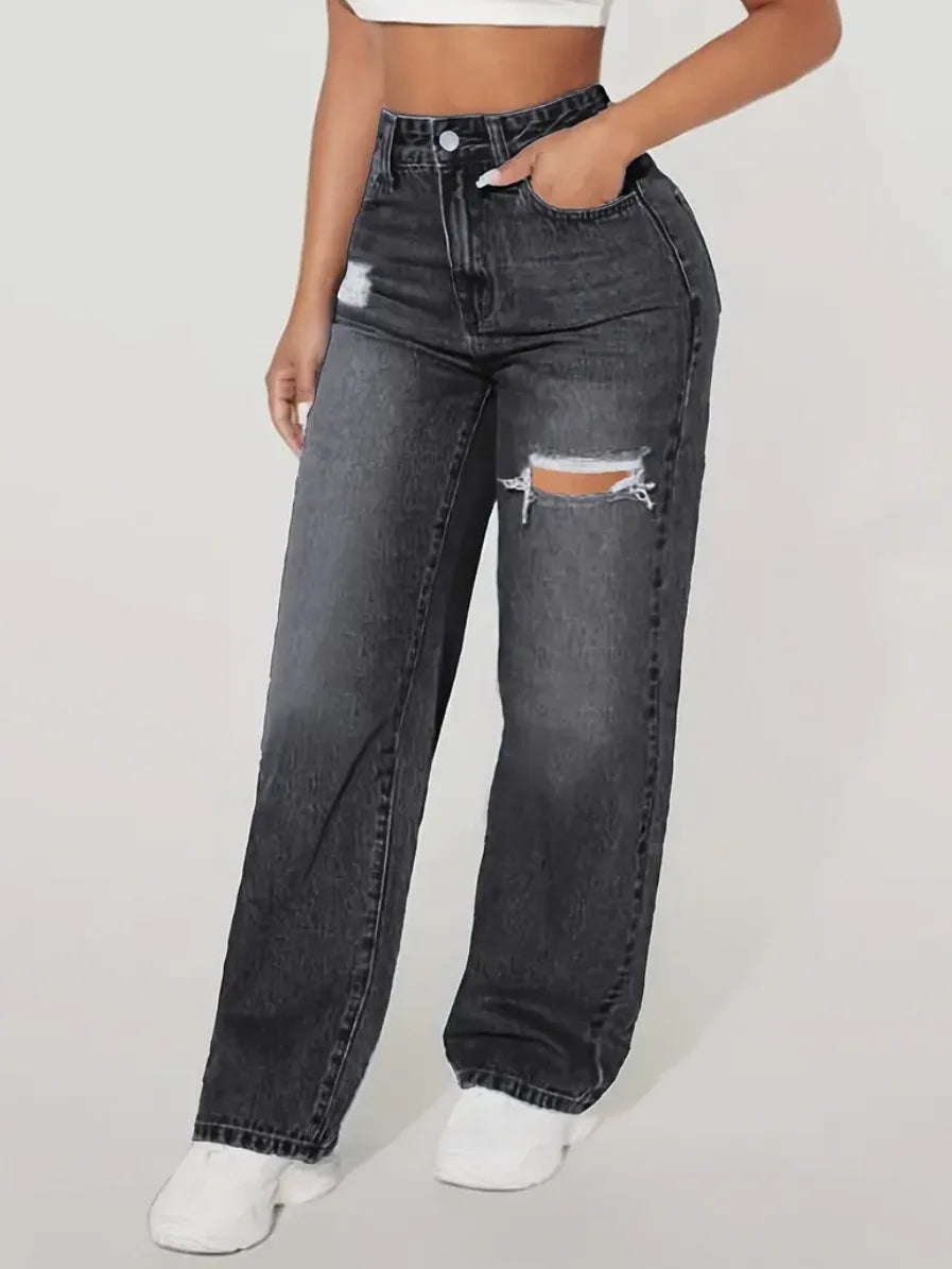 Mom Jeans Women Denim Pant Wide Leg Long Pants Hole High Waist Straight Trousers Y2k Streetwear Work Splice Casual 2025 Punk Aviola