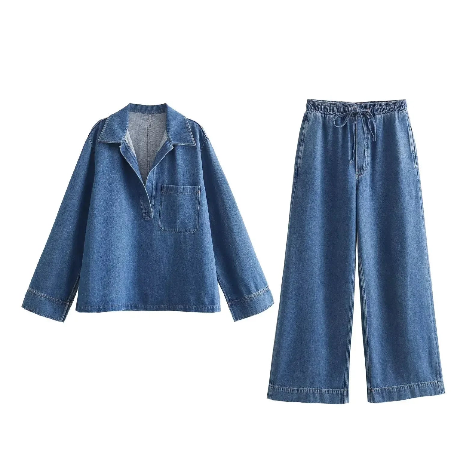 Two Piece Sets Women Denim Top Straight Wide Leg Pants Mom Jeans Matching Sets Lace Up Trousers Ensemble Streetwear Outfits Aviola