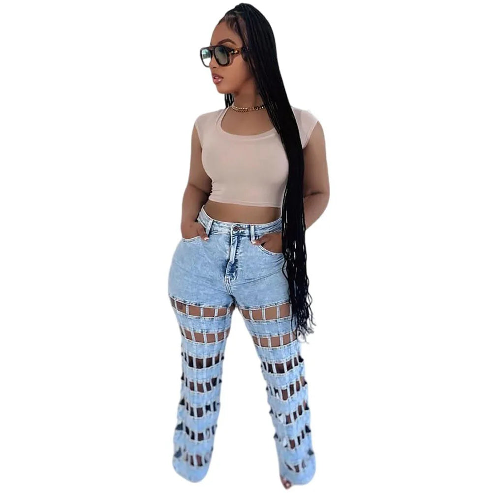 Denim Pant Women Jeans Long Pants Hollow Out High Waist Straight Mom Trousers Y2k Streetwear Elegant Splice Hole Casual Work Aviola