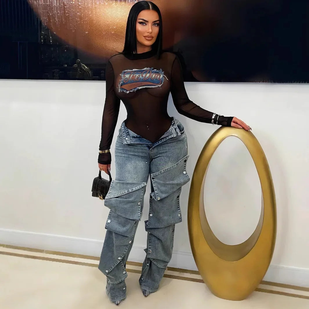 Jeans Denim Pants Women Straight Button Pockets High Waist Mom Floor Length Washed Distressed Strech Trousers 2025 Streetwear Aviola