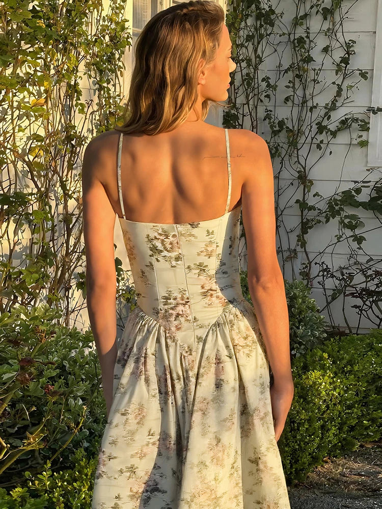Nibber Backless Flower Print Dress Women Summer Trend Square Collar Sleeveless Sweet Style Vacation Beach Party Long Bodycon Aviola