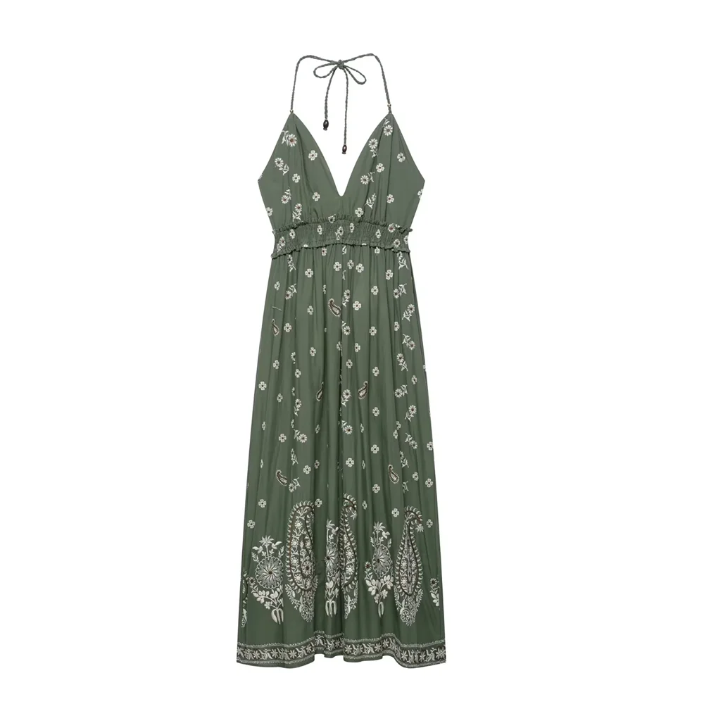 BM&MD&ZA2025embroidery print sling v-neck high waist loose halter neck backless dress summer women's wear Aviola