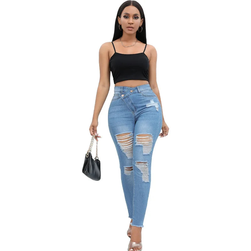 Jeans Women High Waist Pencil Pants Holes Denim Slim Fit Pockets Sexy Streetwear Mom Jeans Sheath Distressed Ankle Length 2025 Aviola