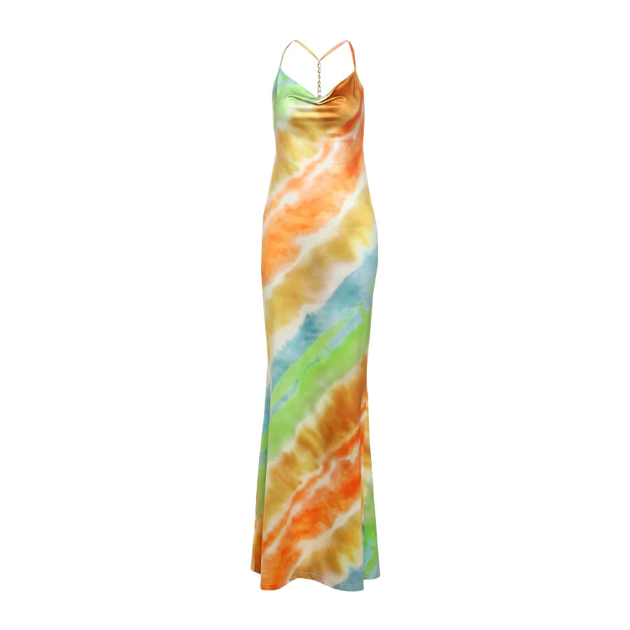 Nibber Swing Collar Colorful Fashion Maxi Dress Women Metal Chain Backless Vacation Trend Beach Party Style Elegant Vestidos Aviola
