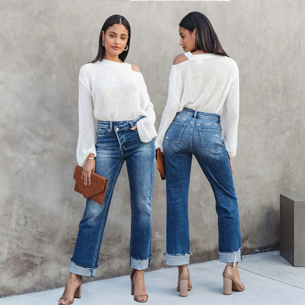 Women Jeans Straight Pants Denim Pockets High Waist Loose Fit Solid Ankle Length Streetwear Distressed Washing Zipper Flat Aviola