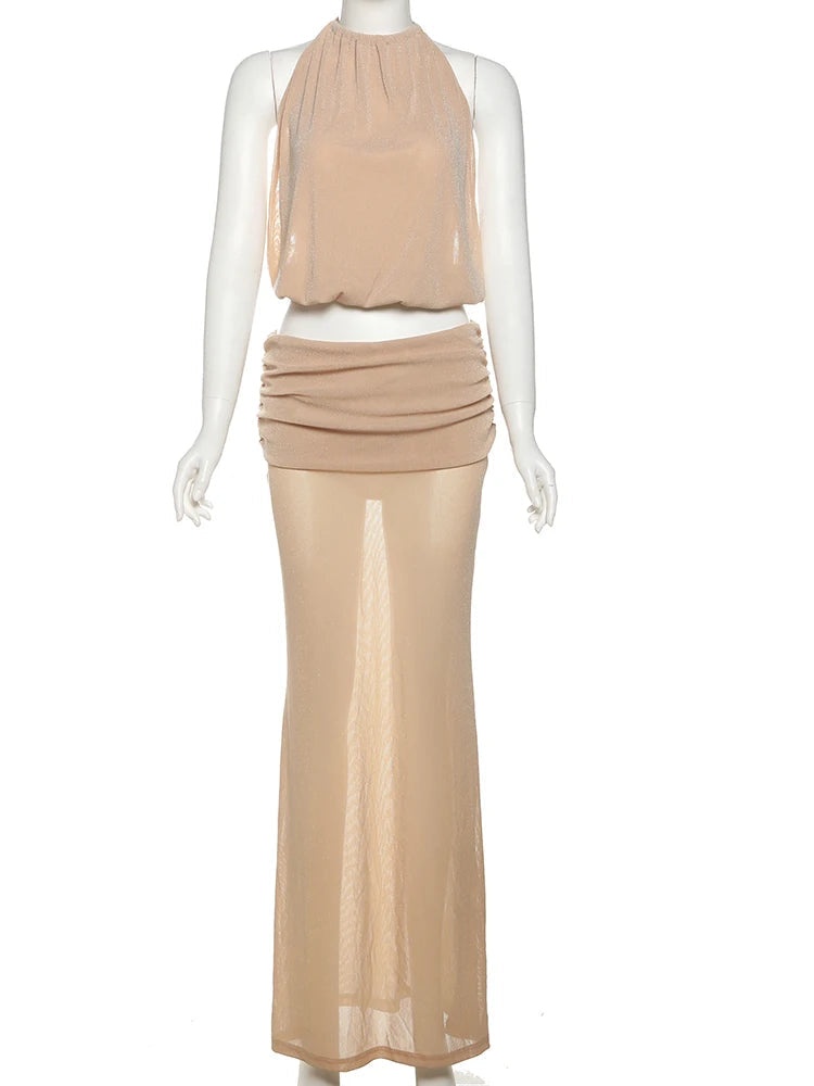 Nibber Vacation Sexy Women 2 Piece Set Elegant Y2K Backless Halter Folds Tank Tops+Long Skirts Summer Beach Party Clubwear Aviola