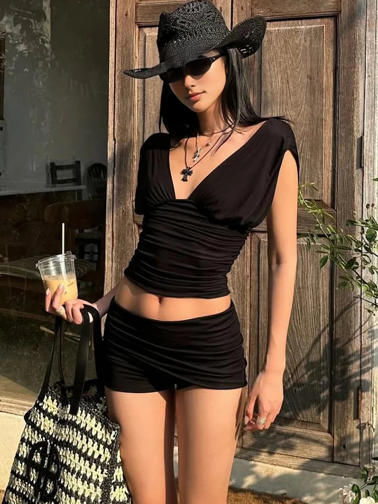Nibber Folds Sexy 2-Piece Set Women Deep v-Neck Backless Sleeveless Vests+Mini Shorts High Elasticity Classic Matching Suits Aviola