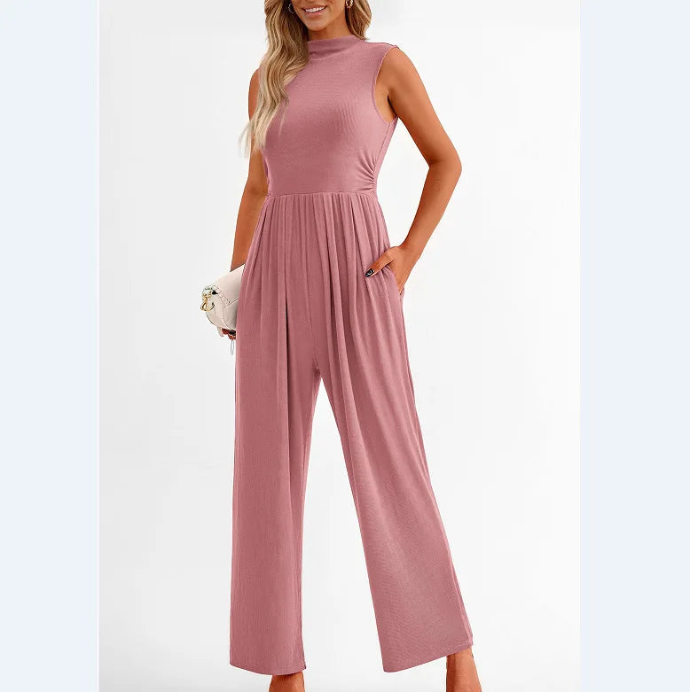 Women Jumpsuits One Piece O Neck Sleeveless Rompers Overalls Solid Wide Leg Pants Pockets High Waist Ankle Length Basics 2025 Aviola