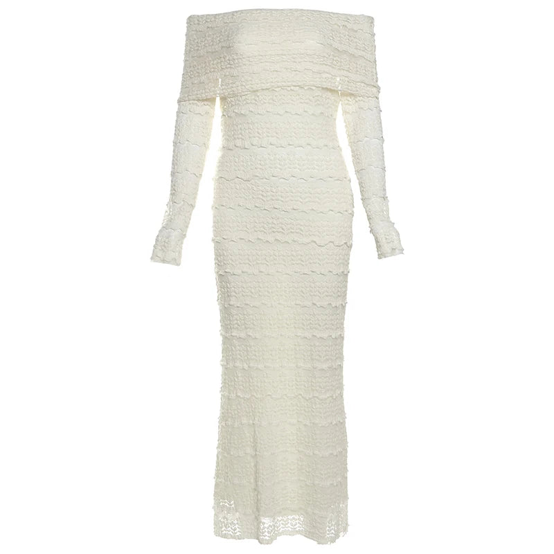 Nibber Vacation Dress Women Jacquard Lapel Slash Neck Backless See Through Full Sleeve Beach Party Elegant Chic Long Bodycon Aviola