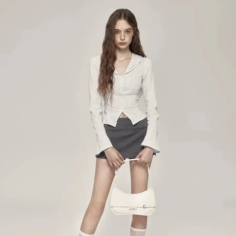 MEXZT Y2K 2000S Striped Shirts Women Harajuku Aesthetic Cropped V Neck Blouses Summer Fashion Gyaru Long Sleeve Slim Design Tops Aviola