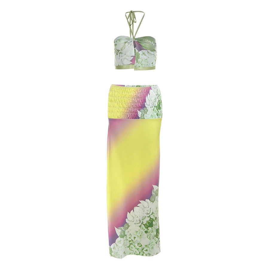 Nibber Gradient Print 2Piece Set Summer Trend Halter Camisole+Ruched Peach Hip Maxi Skirts Matching Club Beach Vacation Suit Aviola