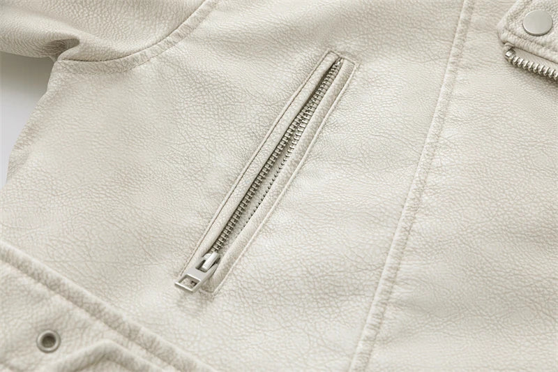 Chaqueta de cuero lavado con cinturón para mujer, abrigo corto con cremallera degradada y cuello vuelto Vintage, chaqueta elegan Aviola