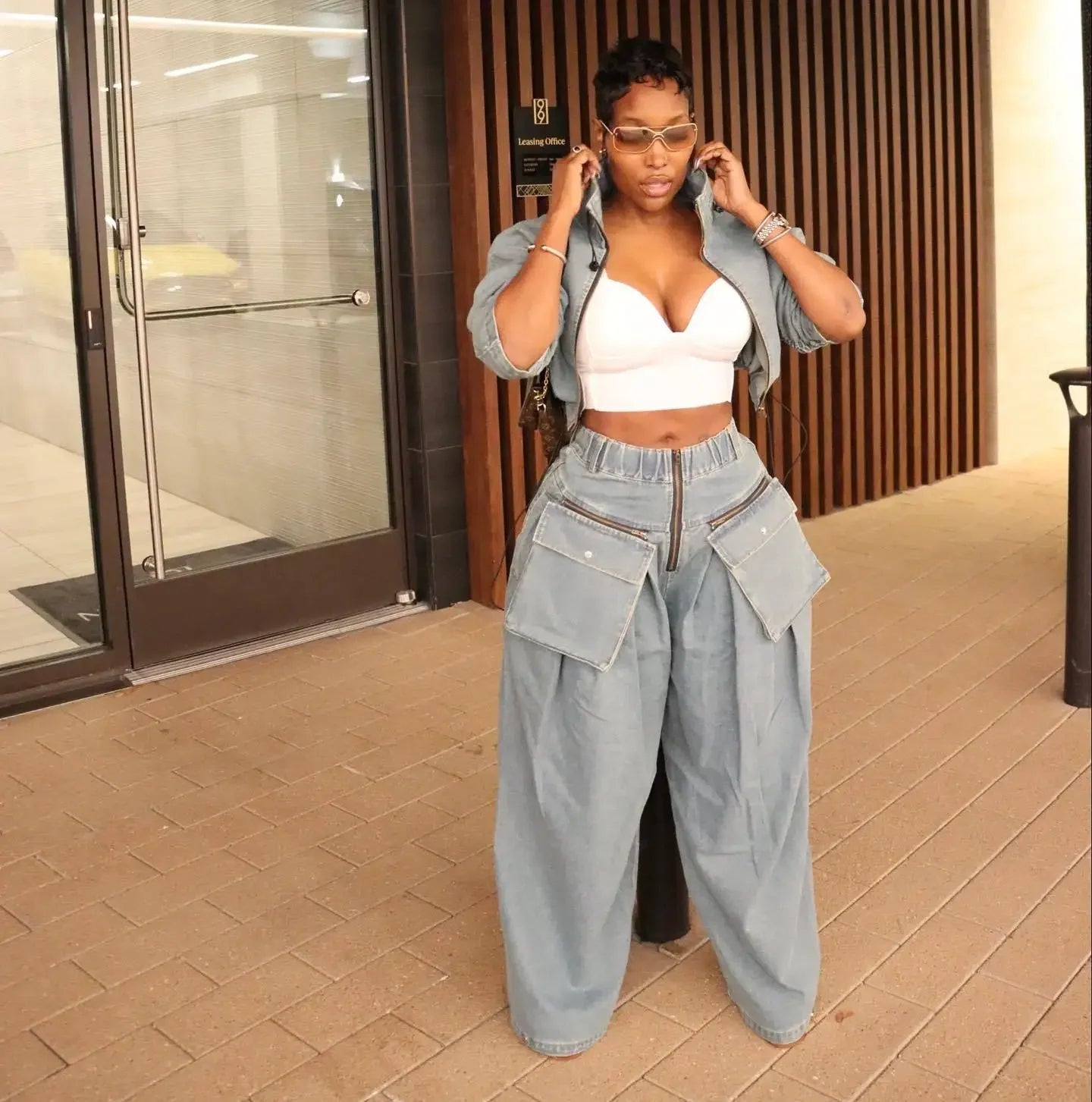 Denim Two Piece Sets Women Coat Jacket Wide Leg Pants Jeans Suits Matching Sets Trousers Outfits 2025 Y2k Streetwear Party Aviola
