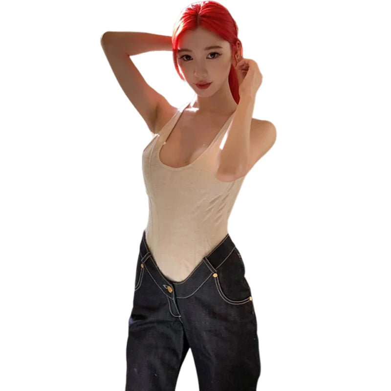 Nibber Halter Vest Women Halter Low-Neck Fake Fishbone Decoration Solid Skinny High Elasticity Simple Classic Daily Street Tops Aviola
