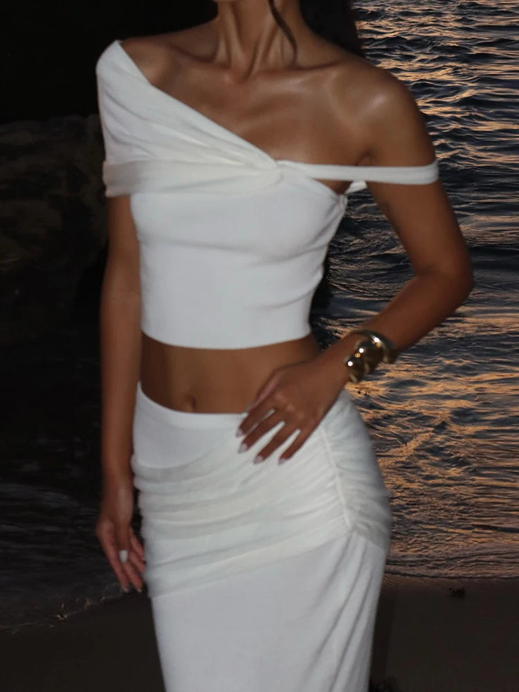 Nibber Elegant 2 Piece Set Women Irregular Skew Collar Backless Crop Top+Ruched Skirts Summer Skinny Fashion Beach Style Suit Aviola