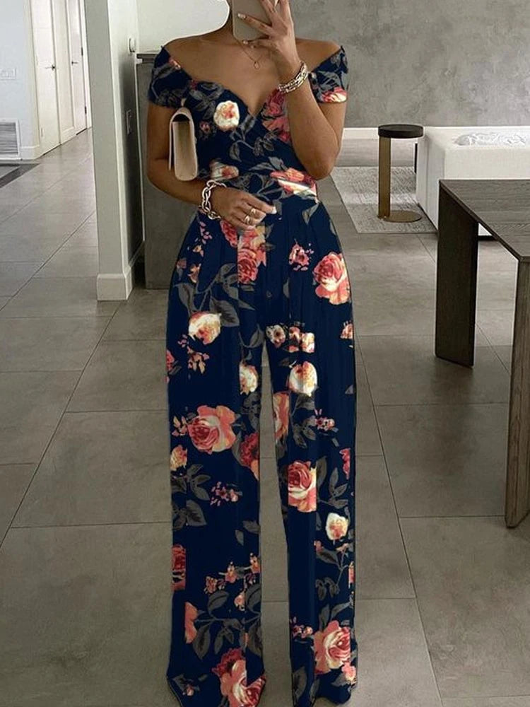 Floral Print Jumpsuit Women Summer Y2k Straight Party Overalls Y2k Club Romper Elegant Off Shoulder Sleeveless Party Jumpsuits Aviola