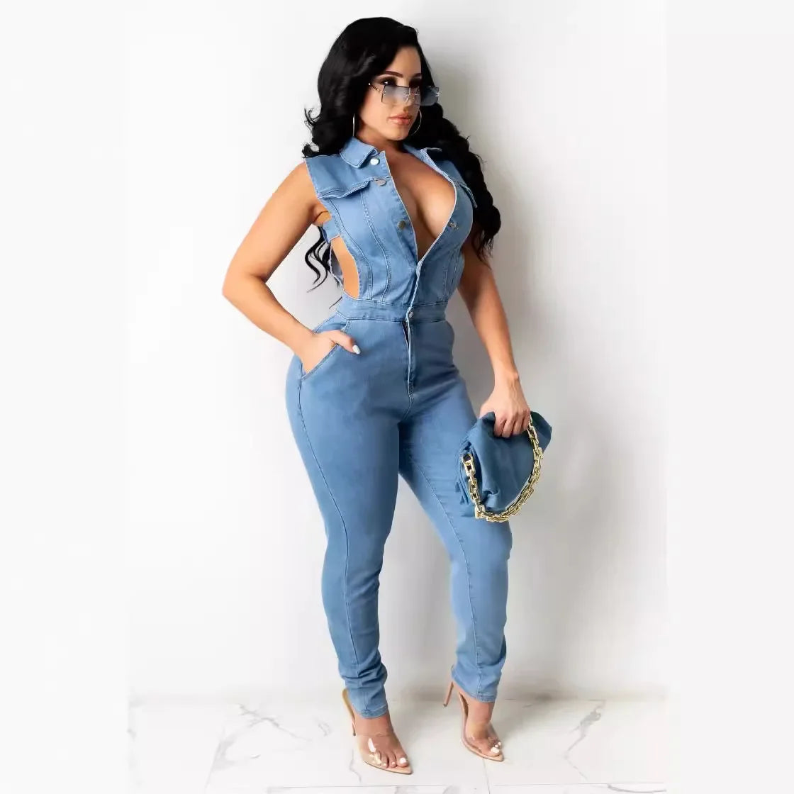 Hollow Denim Ankle Length Pants Women Overalls Spliced Washed Pencil Jeans Vintage Skinny Jean One Piece Button Sexy 2025 Aviola