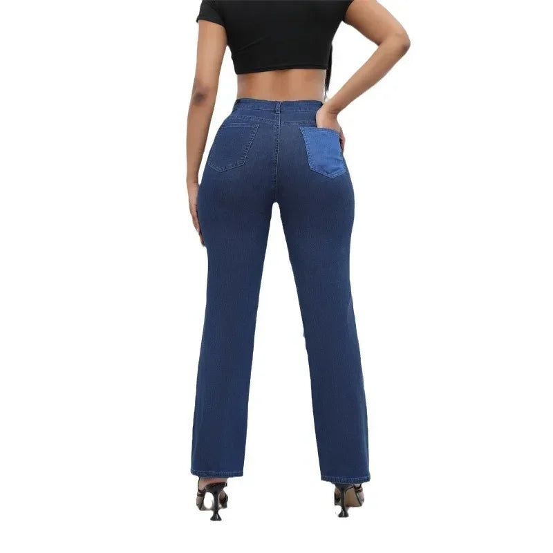Women Straight Jeans Denim Wide Leg Pants Patchwork High Waist Pockets Button 2025 Autumn Vintage Trousers Strecth Denims Aviola