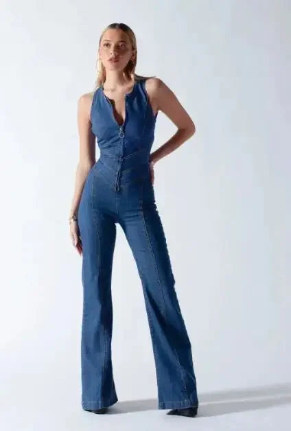 One Piece Denim Jumpsuit Summer New Slim Thin Backless High Waist Overalls Jeans Sleeveless Zipper V Neck Rompers Long Pants Aviola