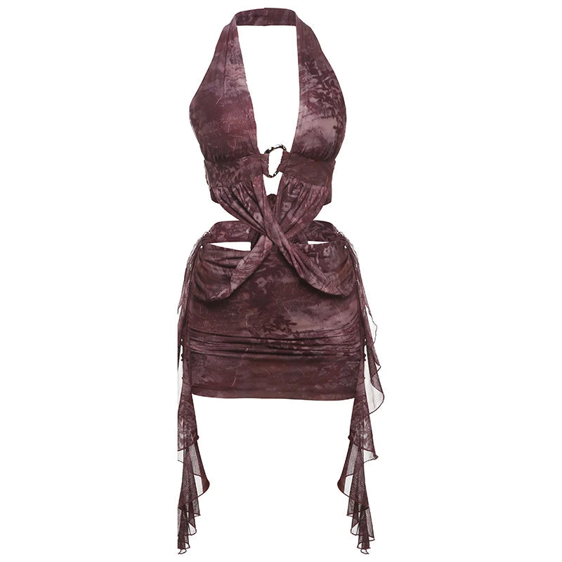 Nibber Summer Dress Women Backless Tassel Sexy Cross Metal Rings Halter Lace-Up Pleated Waistless Midnight Party Mini Bodycon Aviola
