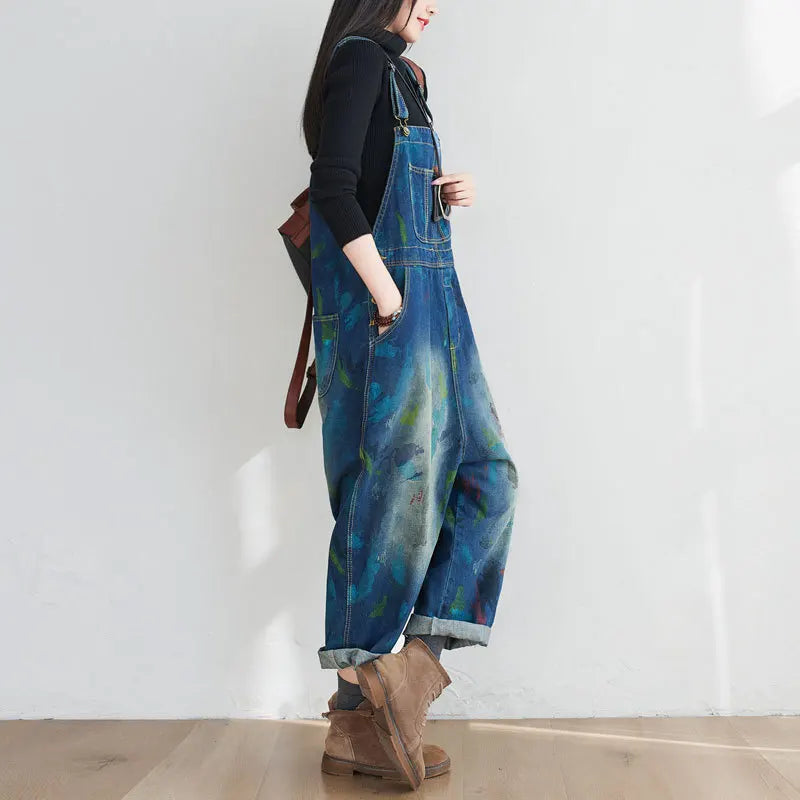 Washed Print Overalls Distressed Women Wide Leg Denim Pants Ankle Length Jean Loose Vintage Jeans Spliced One Piece Casual Aviola