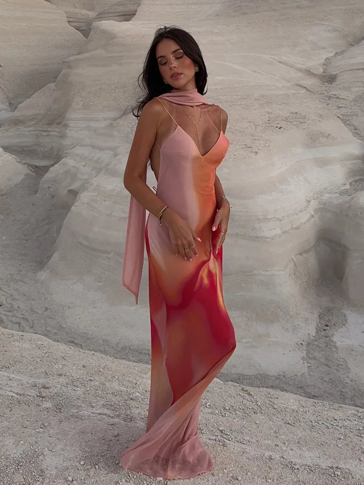 UNIZERA Scarf Printed Backless Long Dress 2025 Summer New Arrivals Women's Wear Elegant Satin Textured Dress Aviola
