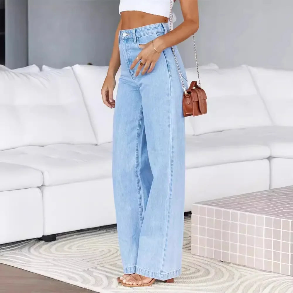 Women Jeans Straight Pants Denim Washing High Waist Loose Fit Pockets Button Basics Wide Leg Trousers Solid Color 2024 Casual Aviola