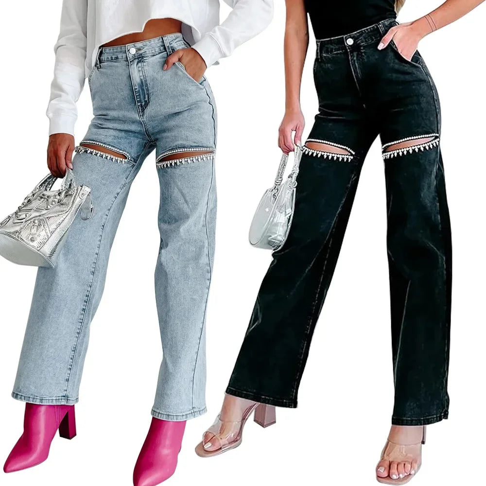 Denim Jeans for Women Streetwear Straight Pants Hole Diamonds Mid Waist Washed Distressed 2025 Casual Mom Ankle Length Trousers Aviola