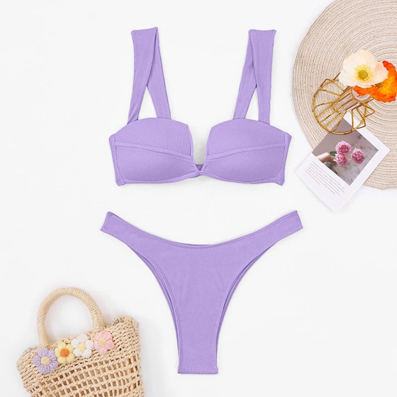 2024 Sexy Soild Micro Bikini Women Bandeau Padded Thong Swimsuit Female Push Up Swimwear Cut Out Bathing Suit Biquini Beachwear Aviola